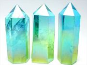 夏色 サマーオーシャンオーラ 天然水晶ポイント 六角柱 120g-130g ネオンブルー&ライムグリーンオーラ 極上超透明 手ごろな小さめサイズ