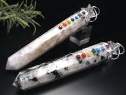 ムーンストーンペグマタイト マジックワンド 全長約15cm-16cm 1個売り チャクラを表す7つの宝石 ヒマラヤ水晶マカバスター付き エネルギーチャージに