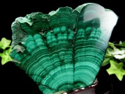 マラカイト ポリッシュ原石 専用木製台座付き 高さ約117mm 重さ約373g 美麗繊細天眼模様 深みのあるグリーン 魔除け 肉体と精神を癒す石 一点物 コンゴ産