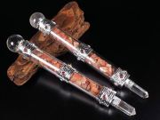 カーネリアン マジックワンド 全長約14cm-15cm 1個売り 濃淡様々なカーネリアンさざれ入り ヒマラヤ水晶丸玉&ガーネット装飾付き