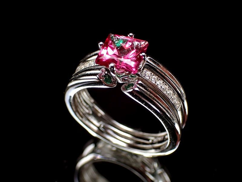 激安宣言 5A ピンクトパーズ 3WAYリング スクエアカット 石サイズ縦約6mm 1個売り クロムダイオプサイト&ジルコニア装飾 極上ピンクカラー シルバーリング ブラジル産 geki-7070C3