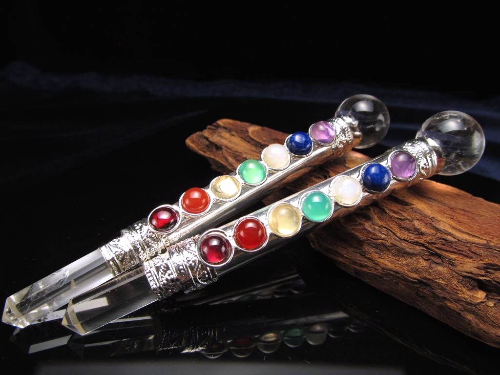 水晶 マジックワンド 長さ約10cm-10.5cm 1個売り ヒーリングワンド 天然水晶丸玉 七つの宝石付き シルバー