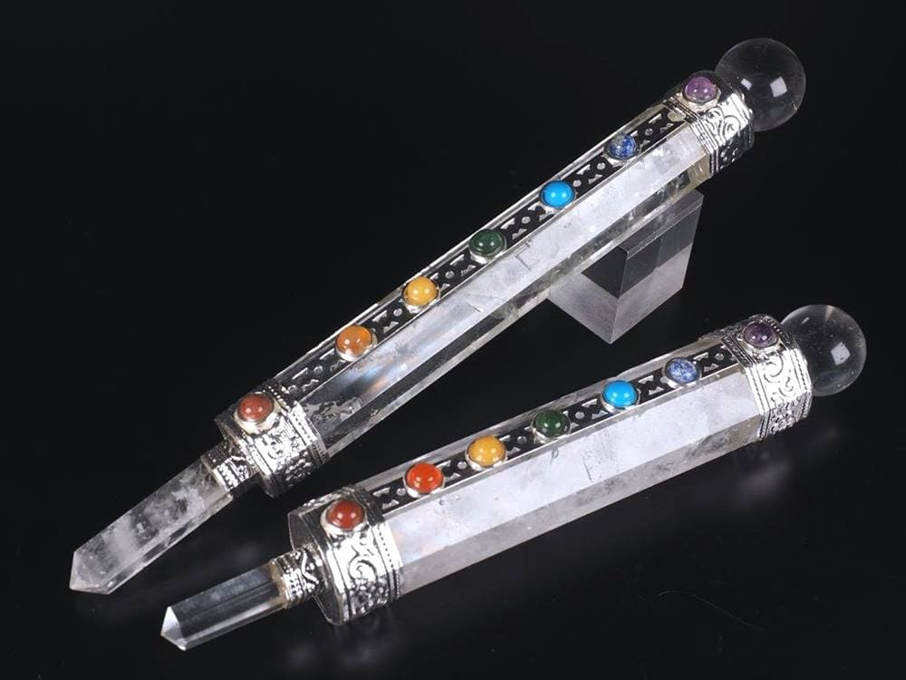 チャクラ対応 ヒマラヤ水晶丸玉付きマジックワンド 全長約15cm-18cm 1個売り 7種の天然石 ヒーリングワンド タイプC