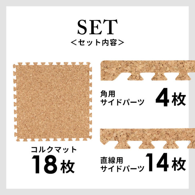 つなぎ目の目立たないジョイント式コルクマット18枚セット（1畳用）