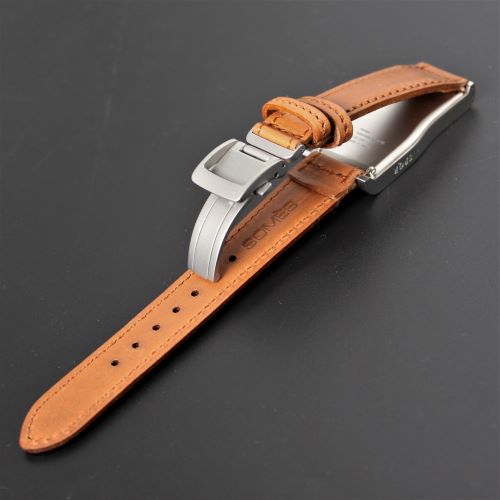 【SOMES厳選・最高級ソフトカーフ・キャメル】　ソメス職人手作り 3.5mm厚の高級時計バンド17mm幅 × マット仕上・ステンレスUタイプ三つ折バックル　【限定生産50本】