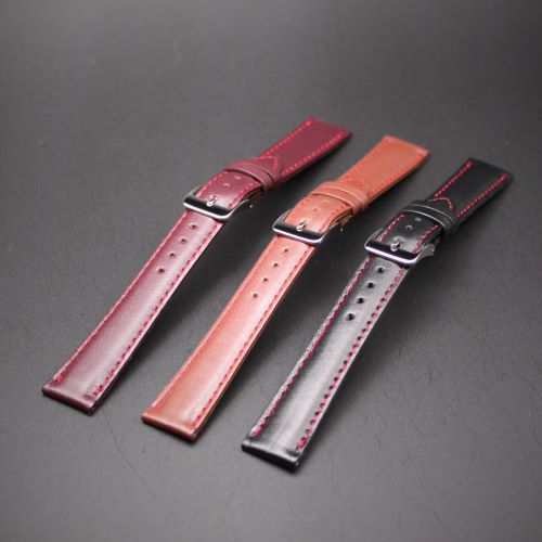 【高級カーフ・赤ステッチシリーズ　リーゾナブル価格で！】　オシャレな16mm高級カーフ　ブラック・ワインレッド・ブラウン3色 × スタイリッシュなステンレス・ミラー仕上バックル