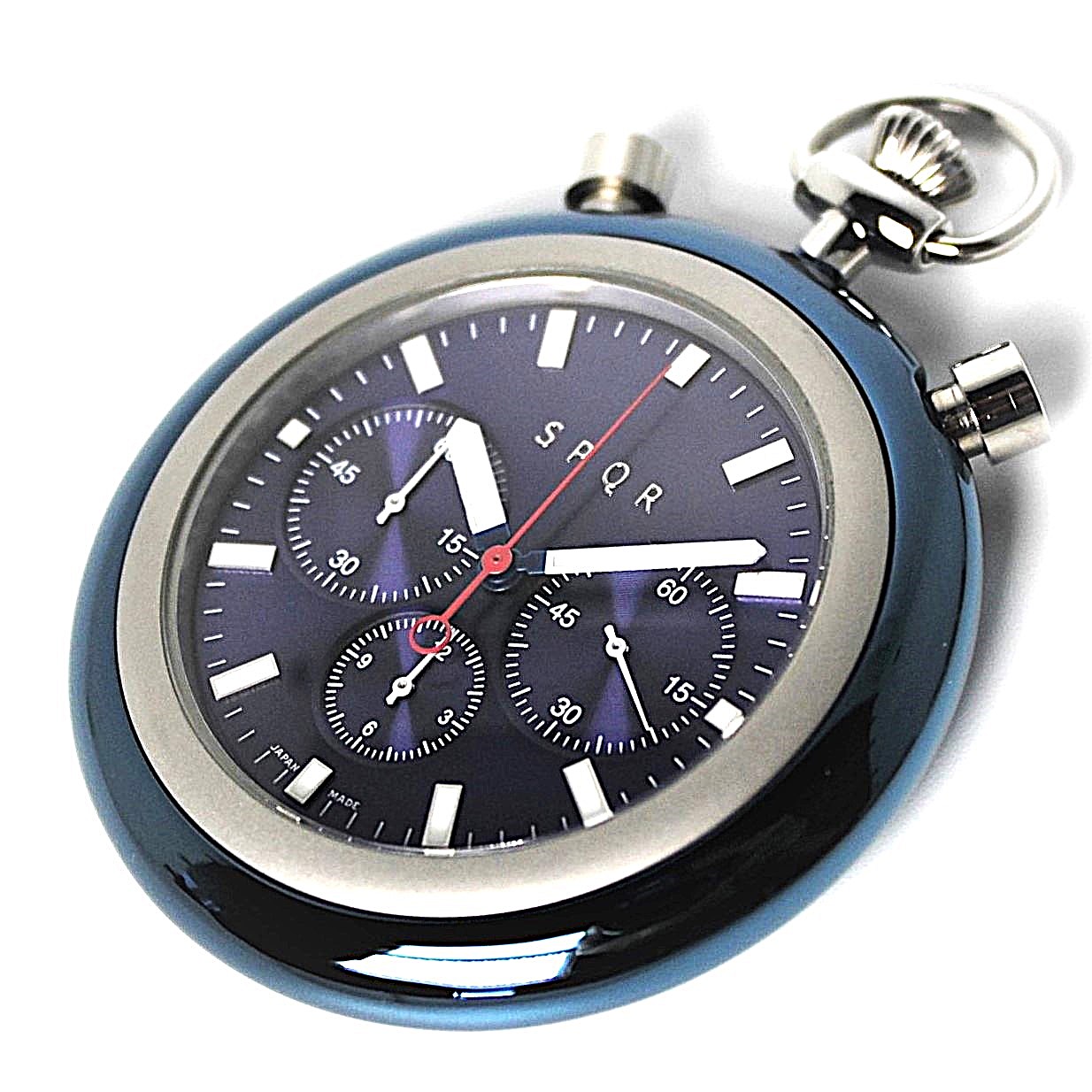 【 エクゼクティブに相応しいおしゃれなポケットウォッチ　ブルーに輝く外観　破格の5気圧防水  展示品につき20％LESS 】　SPQR　POCKET CHRONO　BLU　×　繊細な手編み組紐・濃紺・正絹ストラップ　 【限定1本】