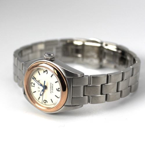 【貴重なピンクゴールドベゼル　公式サイト在庫・最後の1本】　小型サイズのシンプルデザインで使い易さに徹した　手巻付自動巻機械式】　 Ventuno　fs　アイボリー文字盤 × ステンレススチール無垢バンド　【限定1本】