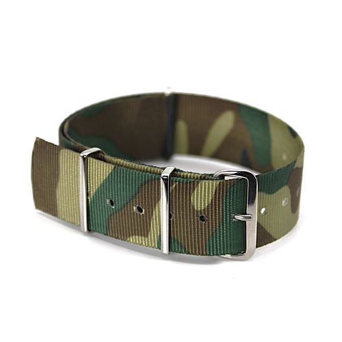 【英国ウエールズ工場 独自ルート直輸入時計バンド　国防省認定工場製造】　入手至難・NATOストラップ・グリーン＆ブラウン系カモフラージュ18mm　【限定5本】