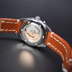 【試作プロト】　自動巻デイデイト２時プッシュボタン × ピンク回転錘・裏蓋スケルトン　SPQR Ventuno dd アイボリー文字盤 × 新色SOMESサドルレザー・ライトキャメル　【企画室所蔵 限定1本】