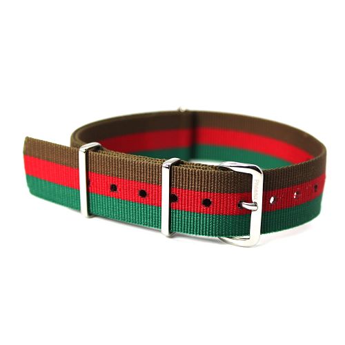 【 英国国防省認定工場製造　独自ルート直輸入品　限定8本 】　NATOレジメンタルストラップ #2 （18mm／茶・赤・緑）