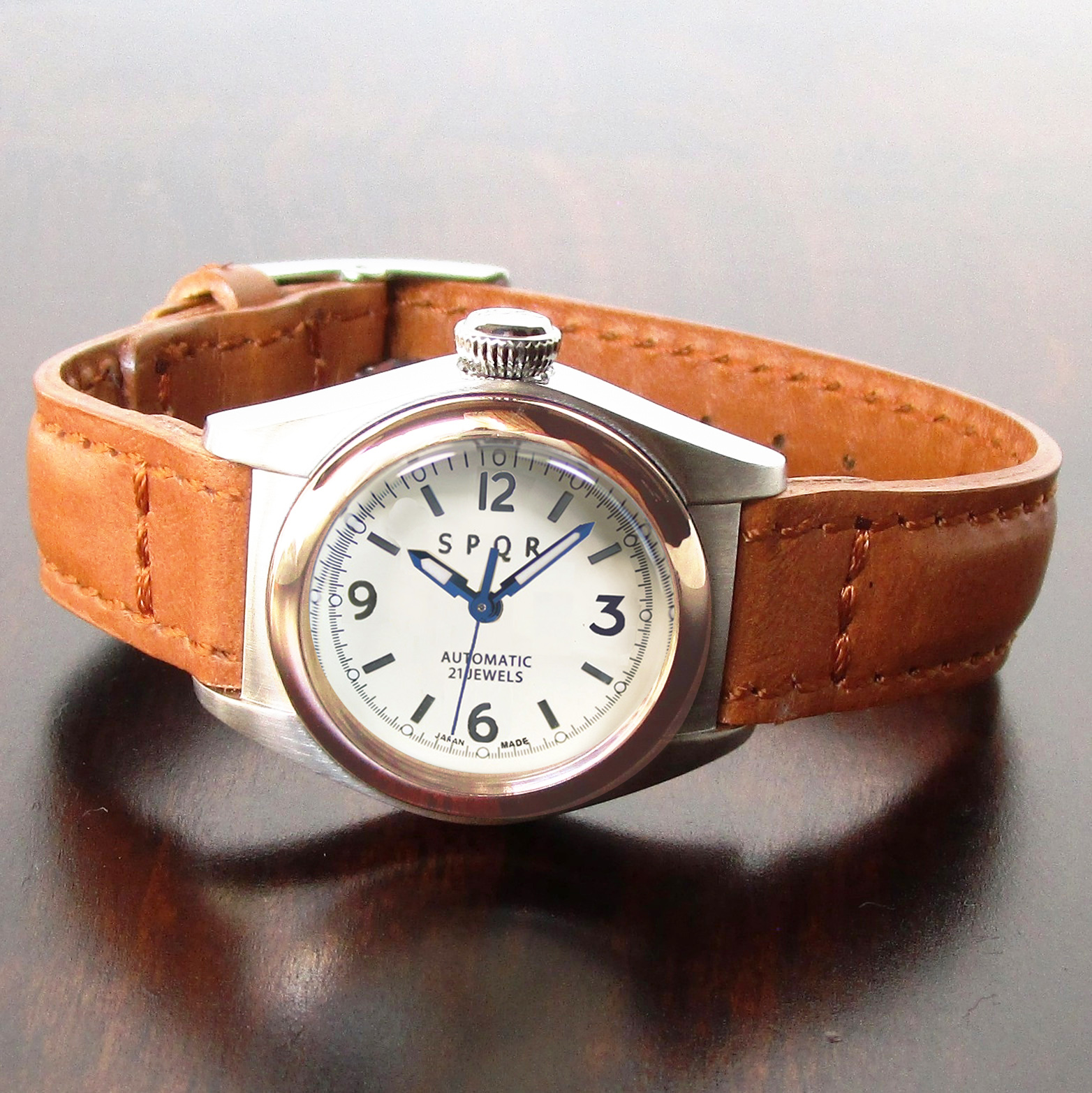 【SPQR 待望の１２時りゅうず 小型サイズのシンプルデザインで使い易さに徹したピンクゴールドベゼル　手巻付自動巻機械式】 Ｕｂｕｄ機械式　アイボリー文字盤・ピンク文字盤の２カラー× SOMES製３カラーバンド