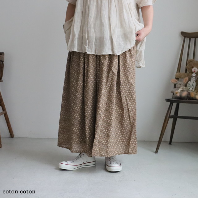 NSL26035  soil  COTTON SLUB SMALL FLOWER PRINT GATHERED SKIRT２色