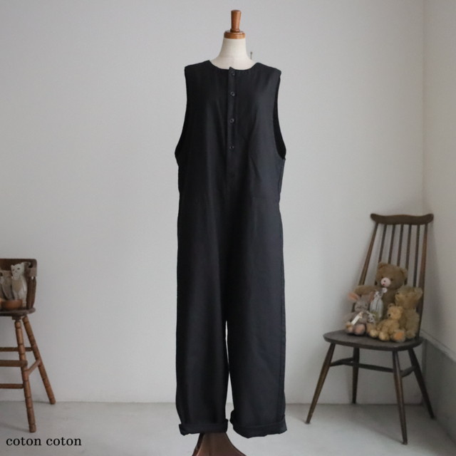 P71603 prit  	コットンリネンライトバックサテン オールインワン  10.クロ