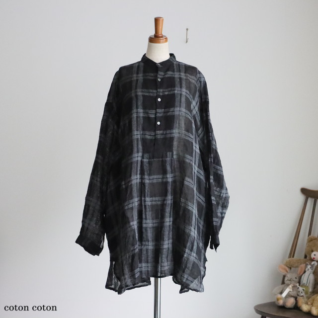 VC2809　veritecoeur 　リネンチェックヨークシャツ　GRAY xBLACK CHK