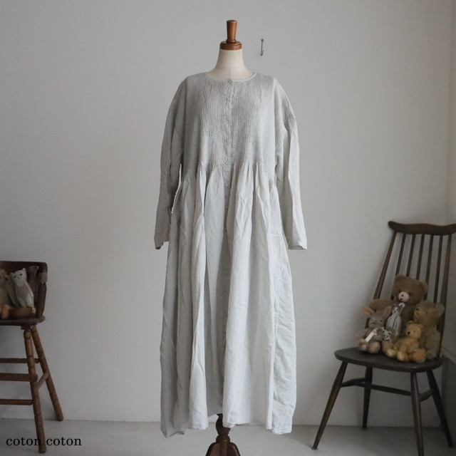 NMDS26234D maison de soil  80s ORGANIC MICRO CHECK OVERDYE CREW-NECK BUTTON SHIRT MAXI DRESS WITH MINI PINTUCK  3色