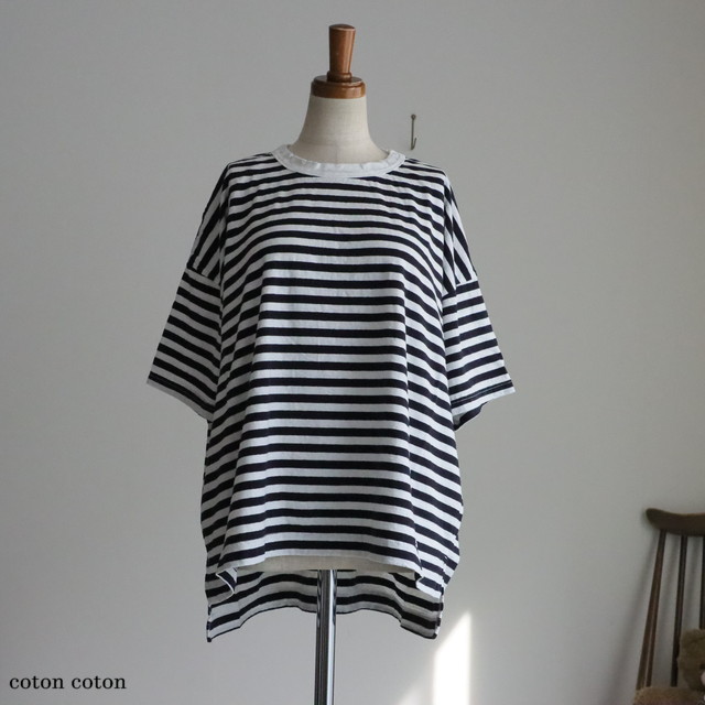 P92635 prit  30/1リサイクルムラ糸天竺カラーボーダー 5分袖ワイドＴシャツ　 2色