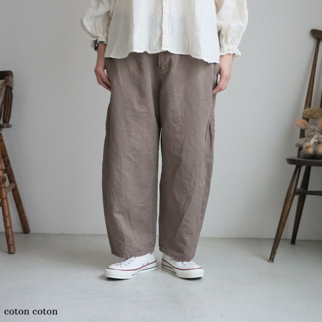 13513046　vlas blomme  Work Linen Cotton ワイドダーツパンツ　37 .グレイッシュブラウン