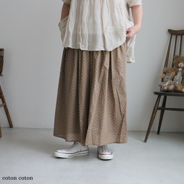 NSL26035  soil  COTTON SLUB SMALL FLOWER PRINT GATHERED SKIRT２色