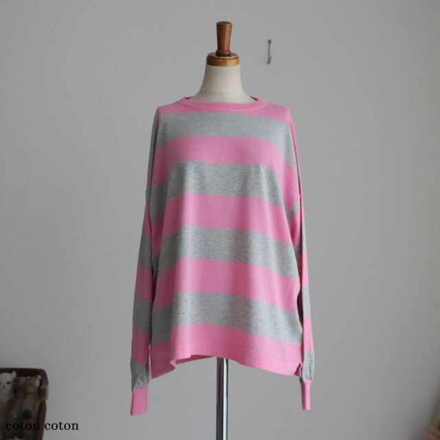 P916106 prit 40/2ハイツイストコットン16G度詰天竺編みボーダー クルーネックワイドプルオーバー