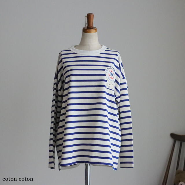 61C53 快晴堂 セーラーボーダーTシャツワッペンペタペタ長袖Tシャツ