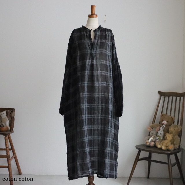 VC2810　veritecoeur 　リネンチェックスキッパーワンピース　GRAY xBLACK CHK