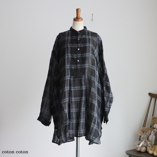 VC2809　veritecoeur 　リネンチェックヨークシャツ　GRAY xBLACK CHK