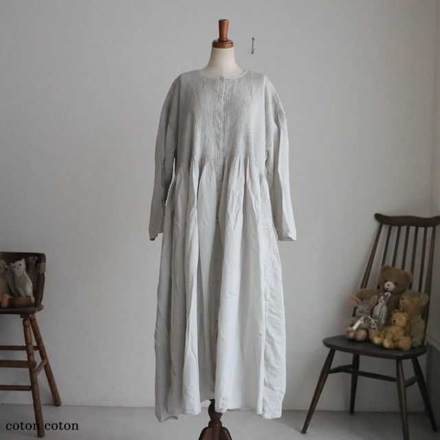 NMDS26234D maison de soil 80s ORGANIC MICRO CHECK OVERDYE CREW-NECK BUTTON SHIRT MAXI DRESS WITH MINI PINTUCK 3色