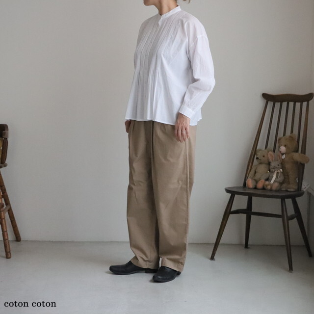 NSL25561  soil  60s CAMBRIC PLAIN BANDED COLLAR PINTUCK SHIRT