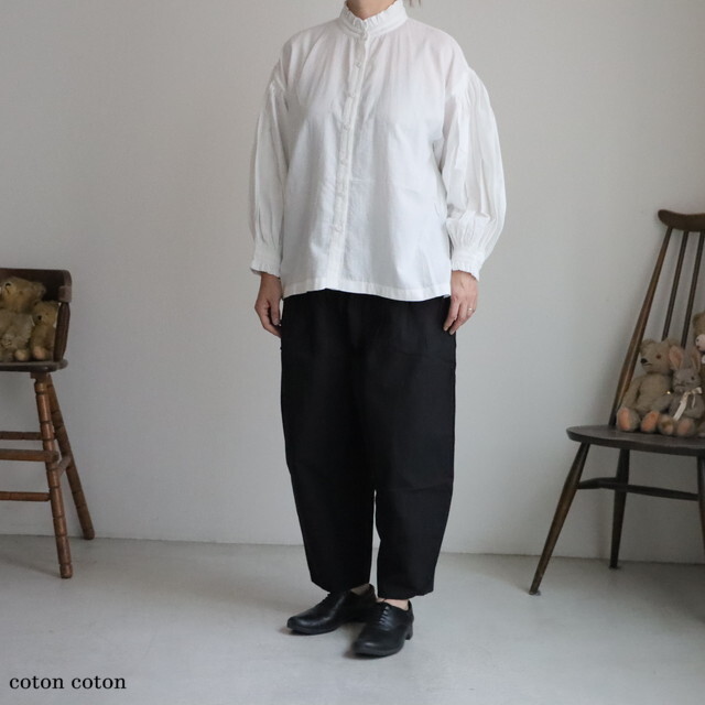 INMDS24702W maison de soil  TWILL COTTON KHADI PLAIN(WASH) FRILL COLLAR SHIRT WITH MINI PINTUCK　２色