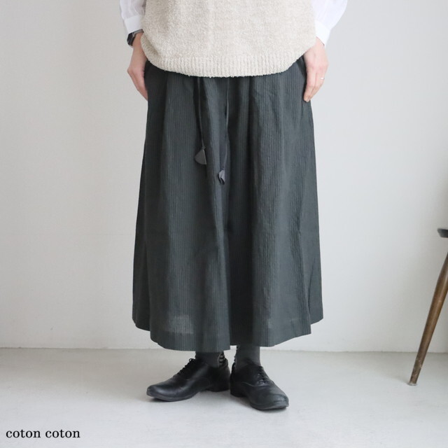 PT67 MAGALI リネンコットンストライプタックワイドパンツ　チャコール