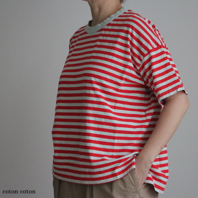 P91621 prit  30/1リサイクル天竺カラーボーダー 5分袖ワイドＴシャツ 2色