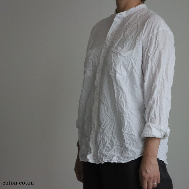 NVL2582W  Vas-y Lentement  40s ORGANIC POPLIN (WRINKLE) BANDED COLLAR L/SL OVERSIZED SHIRT