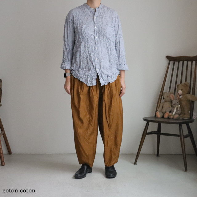 NVL2582SW YARN DYED COTTON STRIPE (WRINKLE) BANDED COLLAR L/SL OVERSIZED SHIRT