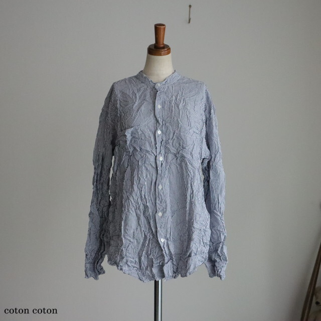 NVL2582SW YARN DYED COTTON STRIPE (WRINKLE) BANDED COLLAR L/SL OVERSIZED SHIRT