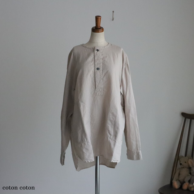 INHT2513CLD HTS COTTON LINEN PLAIN OVERDYE HENRY NECK SHIRT 2色