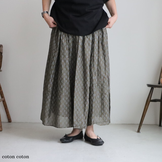 NMDS25555 maison de soil  80s COTTON VOILE FLOWER BLOCK PRINT RAJASTAN TUCK GATHERED SKIRT WITH LINING ２色