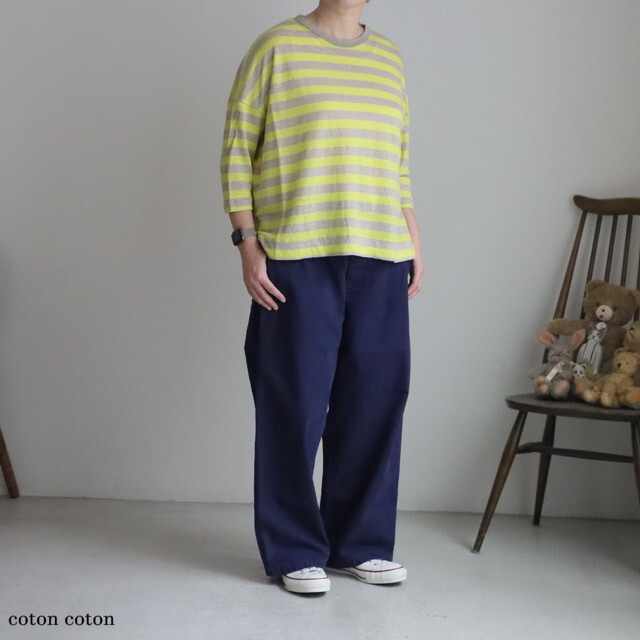 P91647 prit  40/1ヨーロッパリネン天竺ボーダー 7分袖クルーネックワイドＴシャツ  2色