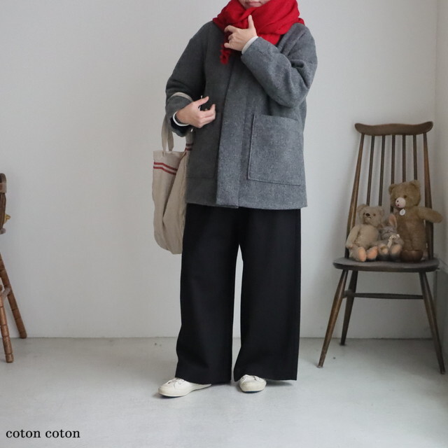 P60605 prit ウールモッサ ネルーカラー比翼ショートコート 04.チャコール