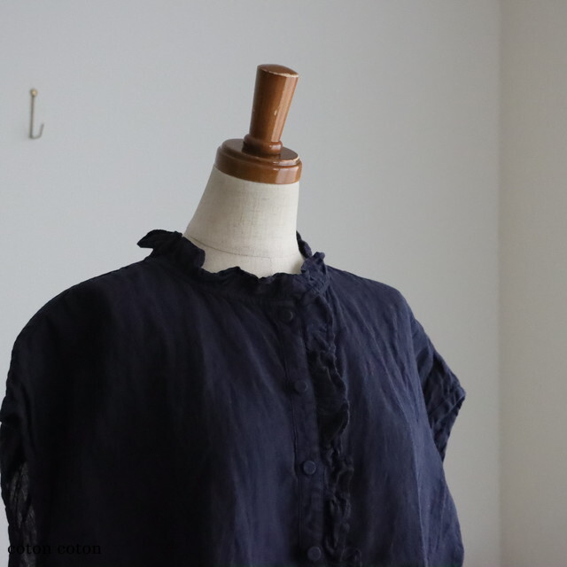 INMDS26001D  maison de soil  60s AUTOLOOM LINEN PLAIN OVERDYE FRENCH/SL FRILL COLLAR SHIRTS