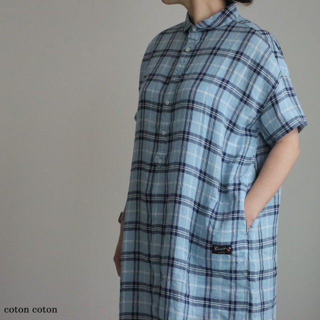 61OP03　快晴堂　エバーグリーンタータンチェックWide丸衿タブ半袖ワンピース 2色