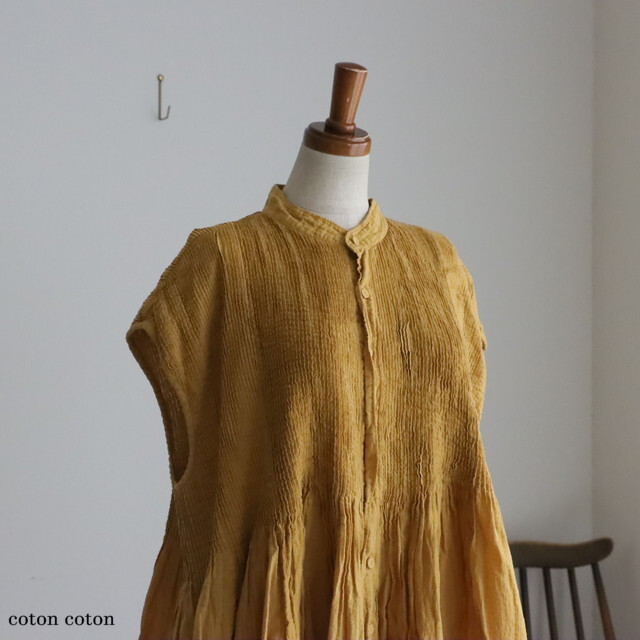 NMDS26264D maison de soil 80s ORGANIC COTTON LINEN PATCHWORK OVERDYE BANDED SLEEVE SHIRT DRESS WTH MINI PINTUCK 3色