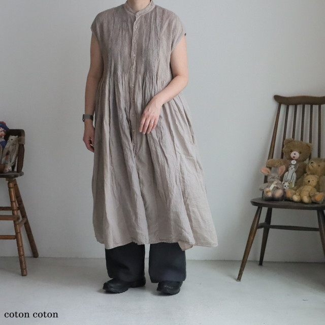 NMDS26264D maison de soil 80s ORGANIC COTTON LINEN PATCHWORK OVERDYE BANDED SLEEVE SHIRT DRESS WTH MINI PINTUCK 3色