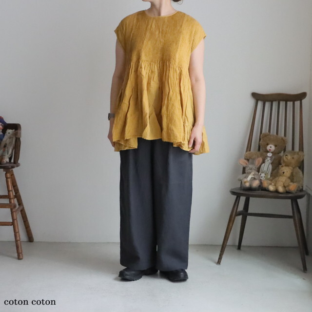 NMDS26261D maison de soil  80s ORGANIC COTTON LINEN PATCHWORK OVERDYE CREW-NECK F/SLEEVE SHIRT WITH MINI PINTUCK  3色