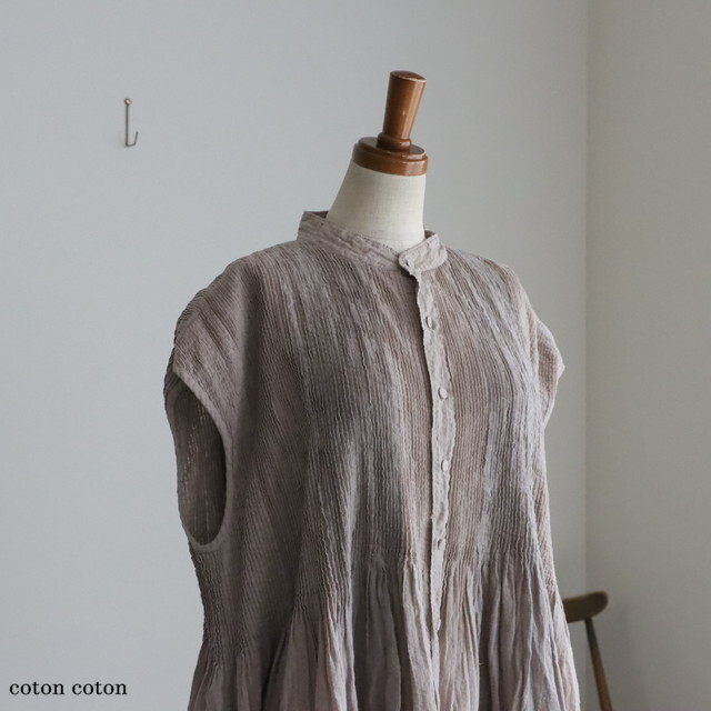 NMDS26264D maison de soil 80s ORGANIC COTTON LINEN PATCHWORK OVERDYE BANDED SLEEVE SHIRT DRESS WTH MINI PINTUCK 3色