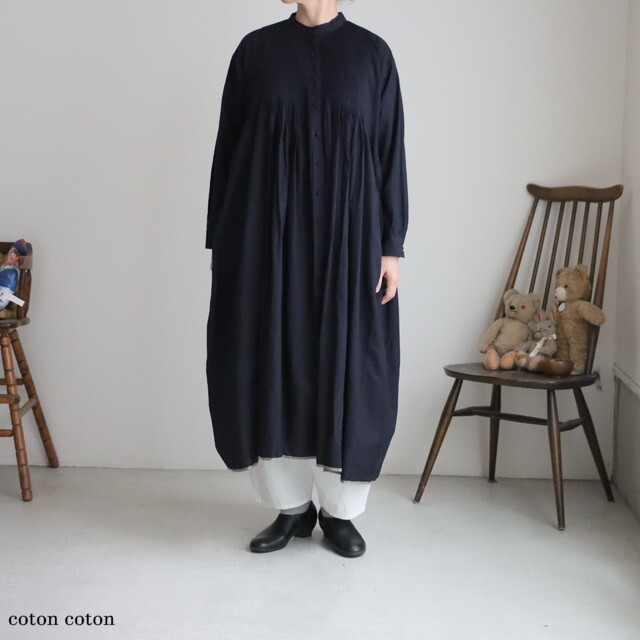 INMDS25724 maison de soil HANDWOVEN HEAVY COTTON PLAIN MINI PINTUCK BANDED COLLAR SHIRT DRESS