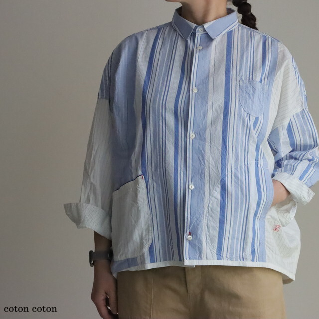 61S09　快晴堂　風をはらんでスウィングする・ブルーブルーストライプ 風をはらむ、シャツ