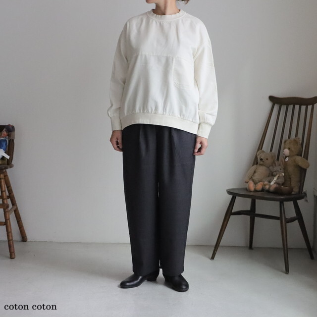 P80648  prit タオルデニムクルーネックスラッシュポケットワイドプルオーバー　２色