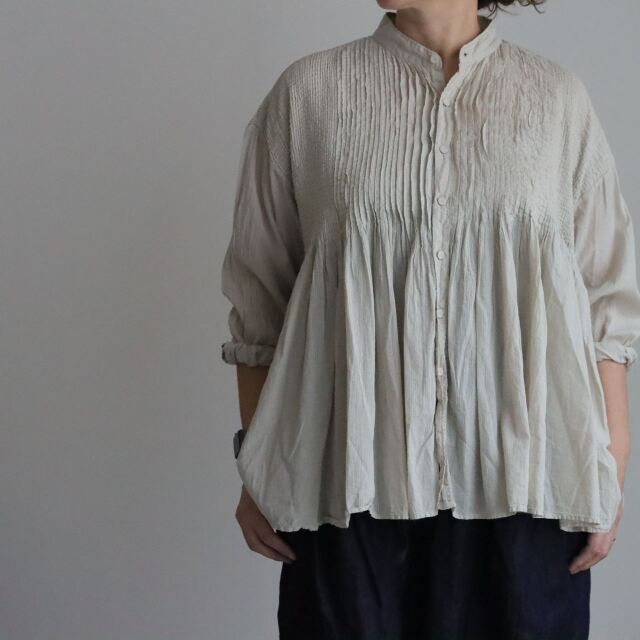 NMDS26512D maison de soil 80s ORGANIC VOILE STRIPE MINI PINTUCK BANDED SHIRT 3色