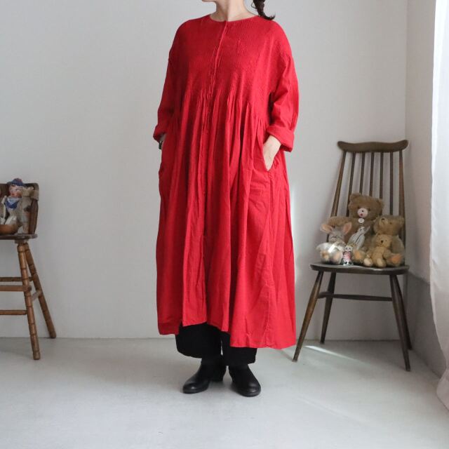 NMDS26604D maison de soil 80s ORGANIC MICRO CHECK & VOILE PLAIN PATCHWORK OVERDYE CREW-NECK BUTTON SHIRT MAXI DRESS WITH PINTUCK 2色